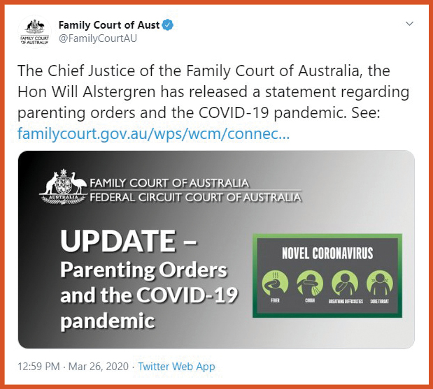 Image showing the courts top tweet from Mar 31 2020 with information for parents regarding COVID-19 with a series of Questions and answers