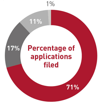 donut graph showing percentage of applications filed 71% consent orders applications, 17% application in a case (interim), 11% final orders applications and 1% other applications