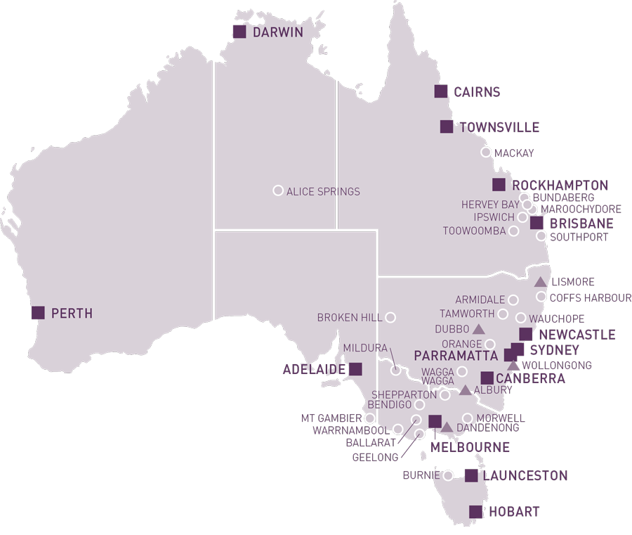 Image of Australia marking court locations listed below